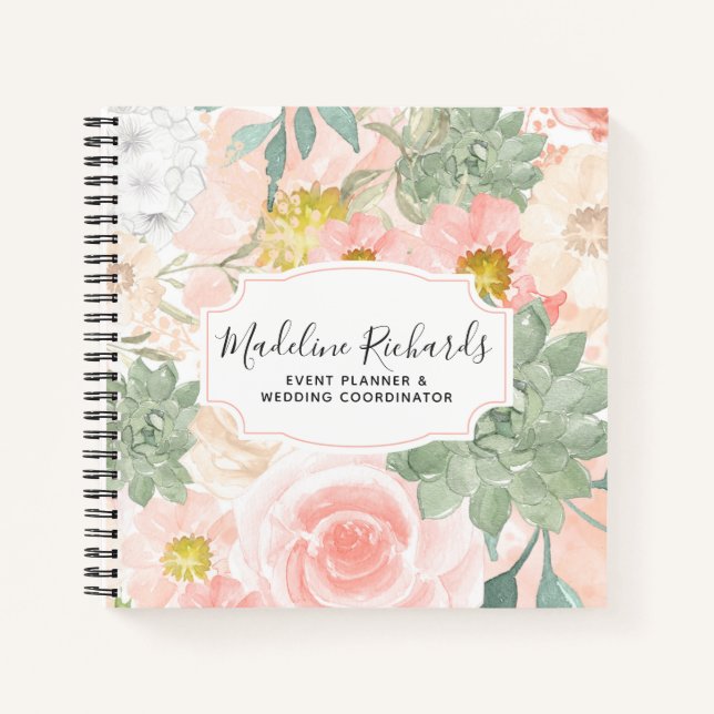 Chic Peach & Mint Aquarell Floral & Sukkulturen Notizbuch (Vorderseite)
