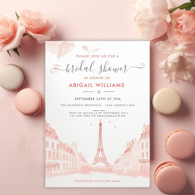 Chic Peach Pink Foto Eiffelturm Brautparty Einladung (Front - Chic Peach Pink Photo Eiffel Tower Bridal Shower Invitation)