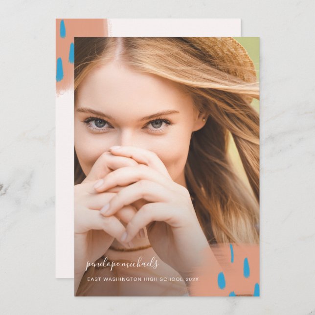 Chic Peach Splashes Foto Graduation Party Einladung (Vorne/Hinten)