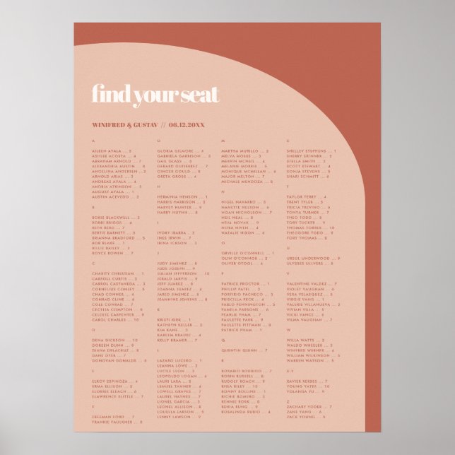 Chic peach terracotta Alphabetische Sitzkarte Poster (Vorne)