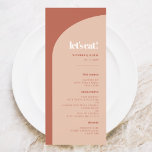 Chic peach terracotta arch essen wir Hochzeit Menükarte<br><div class="desc">Lasst uns essen! Party für Hochzeiten oder Empfang. Minimalistisch und doch auffällig: adoptier dieses leicht Retro-elegante typografische Design für Ihr Hochzeitsgeschoss mit modernem Bogendesign und Terrakotta- & Bronzefarben. Vollständig anpassbarer Text,  Farben und Hintergrund.</div>