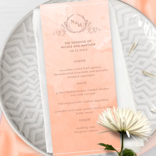 Chic Peach Watercolor, Monogram Wedding Menu Menükarte (Von Creator hochgeladen)