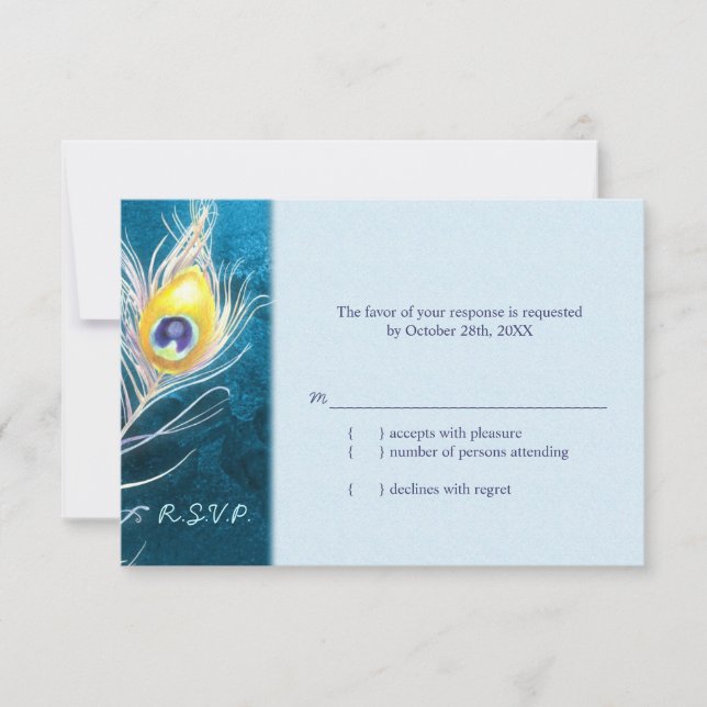 Chic Peacock Feather Blue Wedding RSVP Karte (Vorderseite)