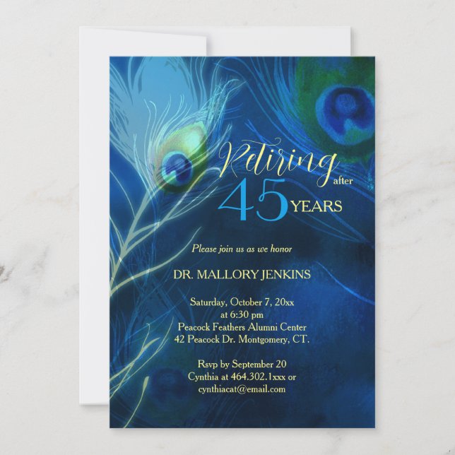 Chic Peacock Feathers Retirement Party Einladung (Vorderseite)
