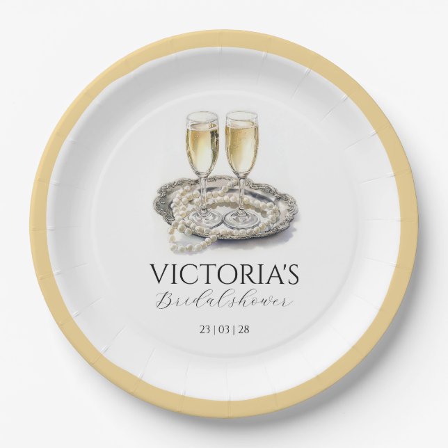 Chic Pearls and Prosecco Brautparty Pappteller (Vorderseite)