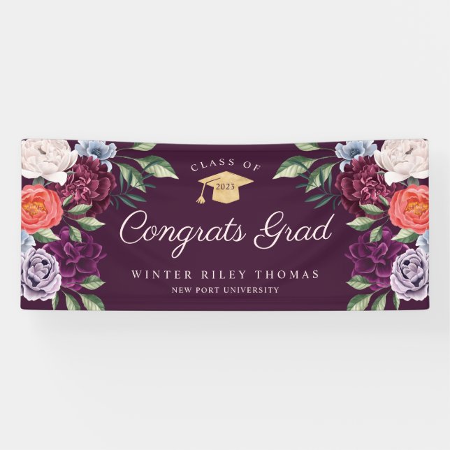 Chic Peonies Rose Floral Graduate Graduate Party Banner (Horizontal)