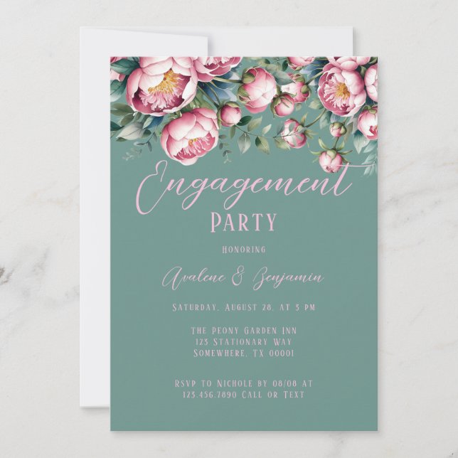 Chic Peony Bouquet in Watercolor Engagement Party Einladung (Vorderseite)