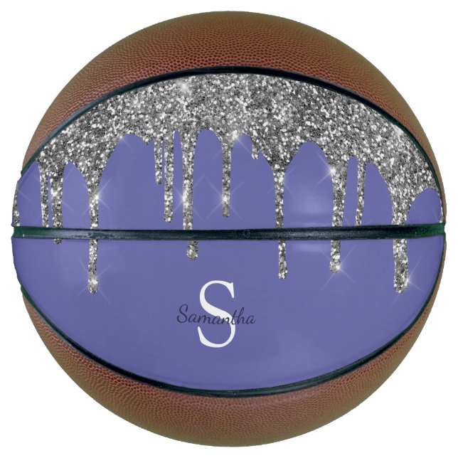 Chic Periwinkle Silver Glitzer Tropfen Monogram Na Basketball (Vorderseite)