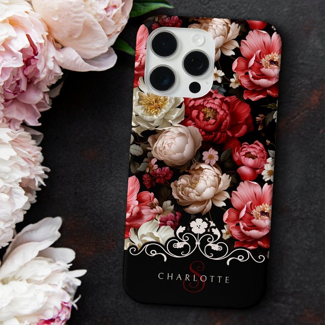 Chic Personalisiert Dark Peony Floral-Black Label Case-Mate iPhone Hülle (Von Creator hochgeladen)