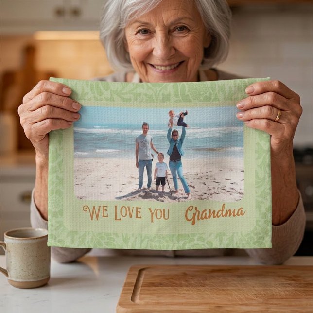 Chic Personalisiert Foto Text Oma Geschenk Grün Geschirrtuch (Chic Personalized Photo Text Grandma Gift Green Kitchen Towel)