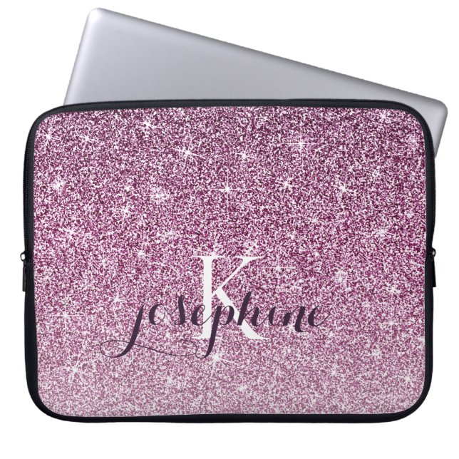 Chic Personalisiert Lila Sparkle-Glitzer Monogramm Laptopschutzhülle (Vorderseite)