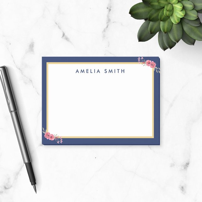 Chic Personalisiert Name Blue Border Pink Blume Post-it Klebezettel (Von Creator hochgeladen)