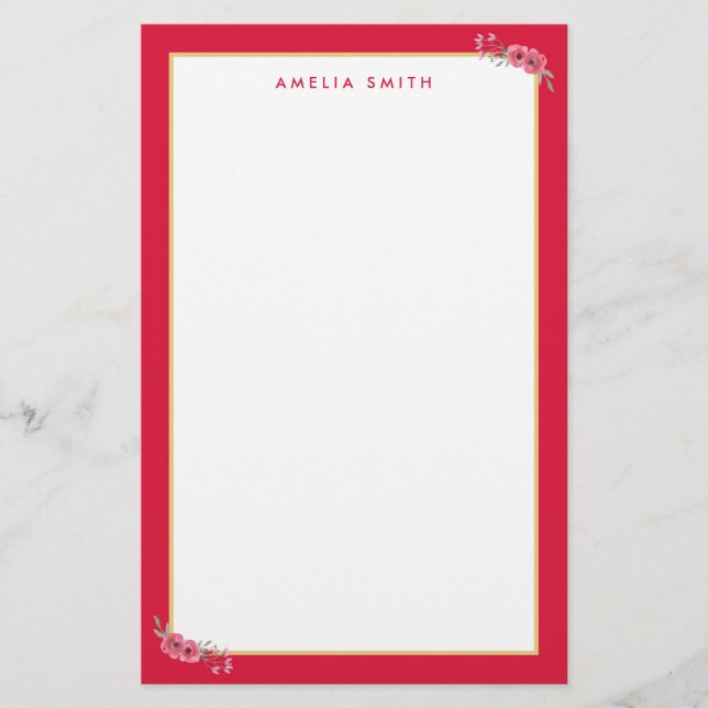Chic Personalisiert Name Pink Border Pink Blume Briefpapier (Vorderseite)