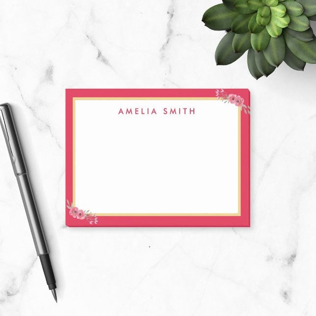 Chic Personalisiert Name Pink Border Pink Blume Post-it Klebezettel (Von Creator hochgeladen)