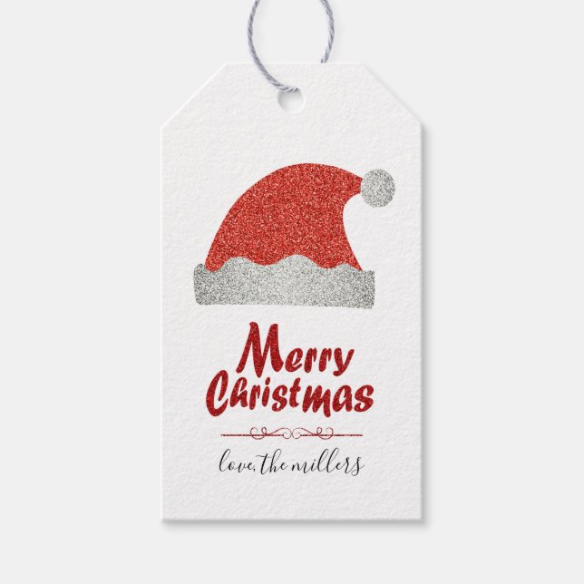 Chic Personalisiert Red Glitzer Frohe Weihnachtsna Geschenkanhänger (Vorderseite)