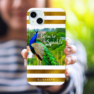 Chic Pfau Born to Sparkle Gold Weiße Streifen iPhone 15 Plus Hülle