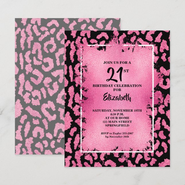 Chic Pink and Black Leopard Print Birthday Einladung (Vorne/Hinten)