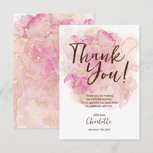 Chic Pink and Gold Watercolor Sweet 16 Party  Dankeskarte (Vorne/Hinten)