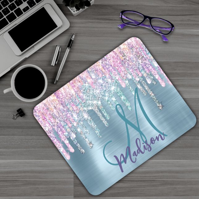 Chic pink aqua unicorp dripping Glitzer monogram Mousepad (Von Creator hochgeladen)