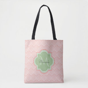 Chic Pink Arched Scallops Soft Green Monogram Name