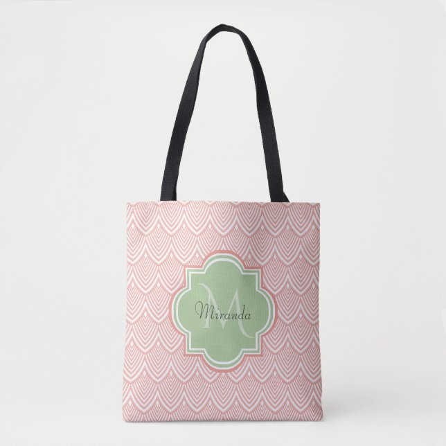 Chic Pink Arched Scallops Soft Green Monogram Name (Vorderseite)