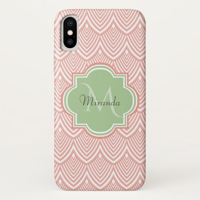 Chic Pink Arched Scallops Soft Green Monogram Name Case-Mate iPhone Hülle (Rückseite)