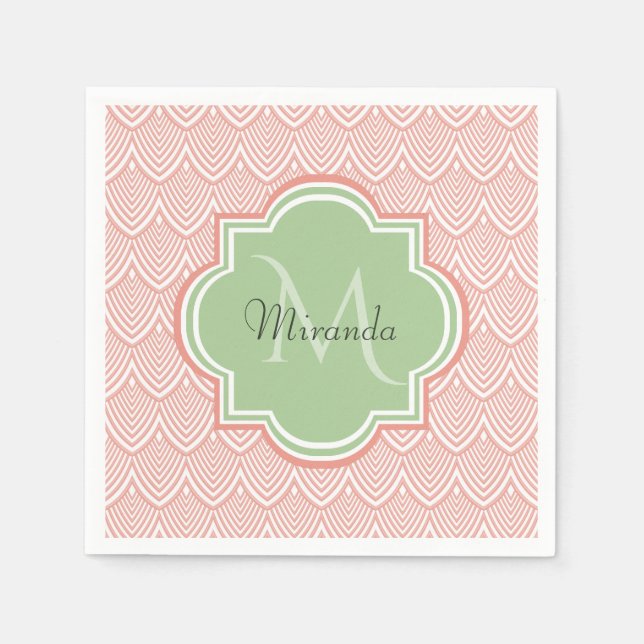 Chic Pink Arched Scallops Soft Green Monogram Name Serviette (Vorderseite)