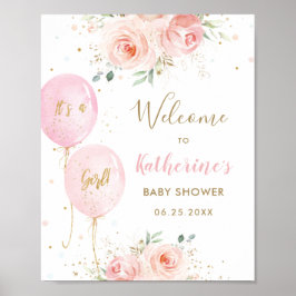 Chic Pink Balloons Floral Girl Baby Dusche Willkom Poster