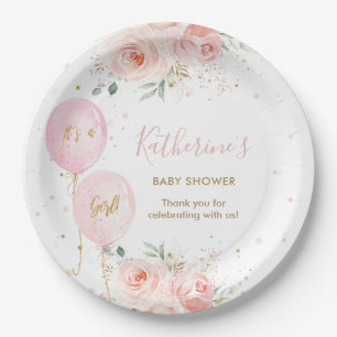 Chic Pink Balloons Floral Girl Babydusche Pappteller
