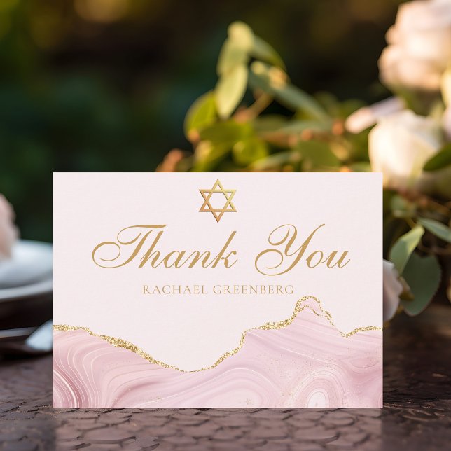 Chic Pink Bat Mitzvah Custom Gold Script Dankeskarte (Von Creator hochgeladen)