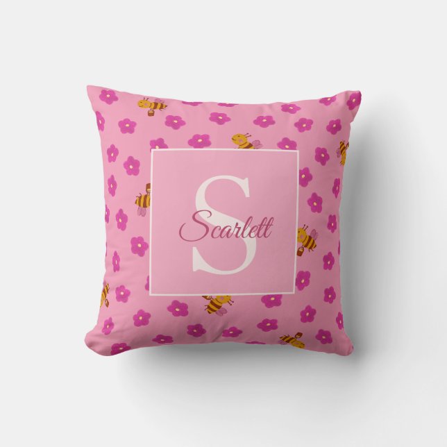 Chic pink bee & Blume Muster Monogram Name Kissen (Vorderseite)