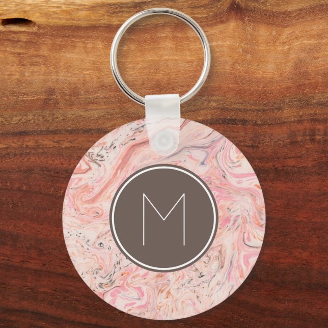 Chic Pink Beige Gray Marble Monogram Schlüsselanhänger (Vorderseite)