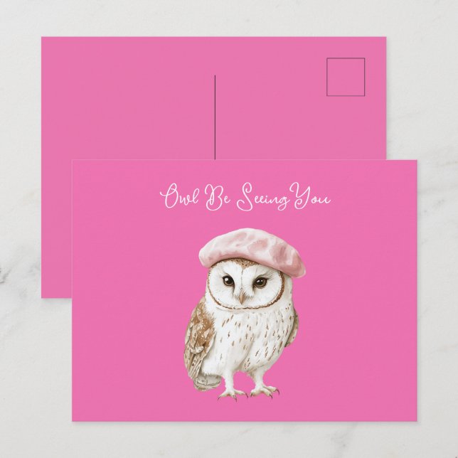 Chic Pink Beret Brown White Owl Be Seeing You Postkarte (Vorne/Hinten)