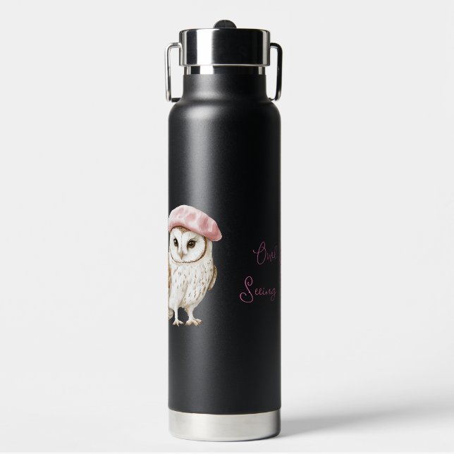 Chic Pink Beret Brown White Owl Be Seeing You Trinkflasche (Vorderseite)