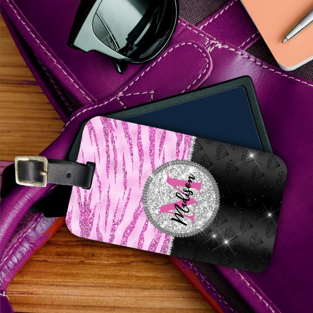 Chic pink Black Imitats Glitzer Tierprägung Monogr Gepäckanhänger (Von Creator hochgeladen)