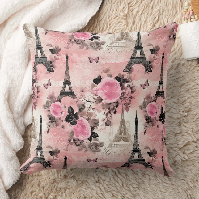 Chic Pink Black & White Eiffel Tower Paris Französ Kissen (Decke)