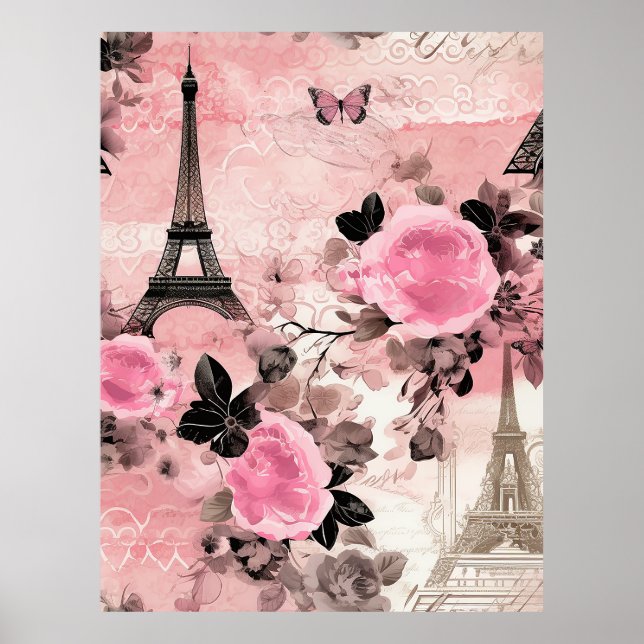 Chic Pink Black & White Eiffel Tower Paris Französ Poster (Vorne)