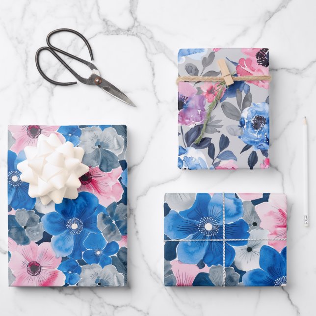 Chic Pink Blue Floral Geburtstag Geschenkpapier Set (Vorderseite)