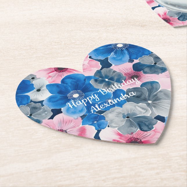 Chic Pink Blue Floral Geburtstag Untersetzer (angewinkelt)