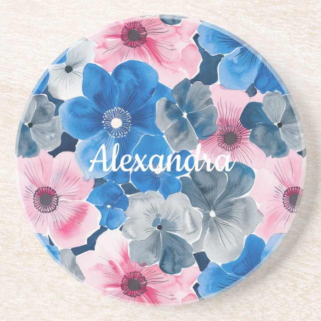 Chic Pink Blue Floral Getränkeuntersetzer (Vorne)