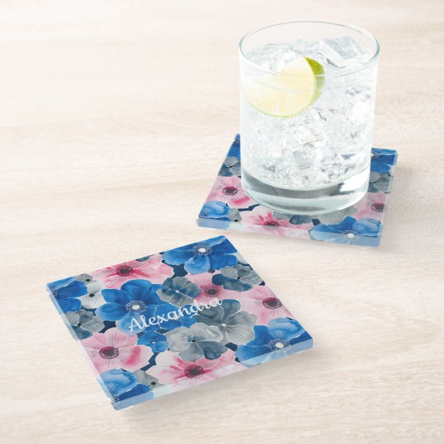 Chic Pink Blue Floral Glasuntersetzer (Schrägansicht)