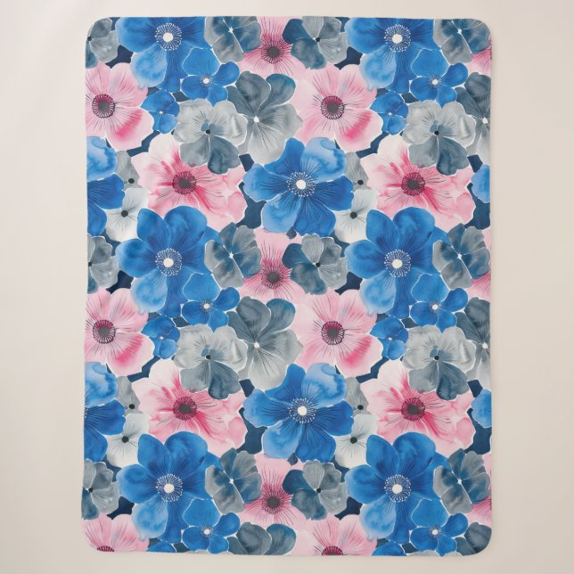 Chic Pink Blue Floral Sherpadecke (Vorderseite)