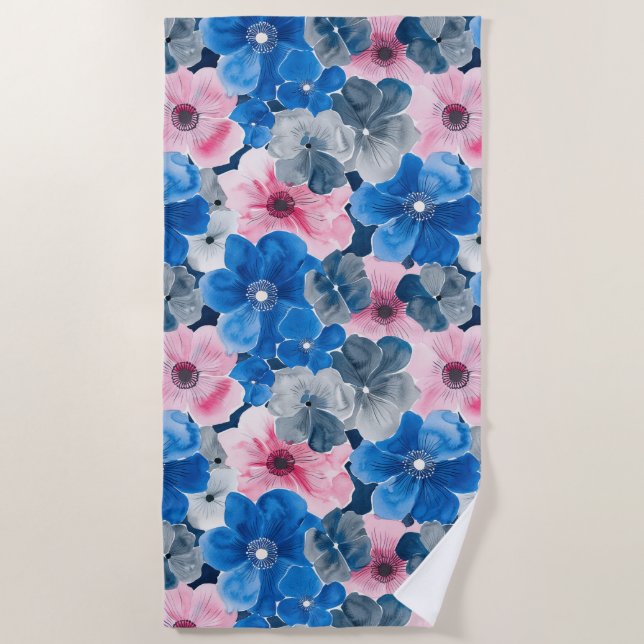 Chic Pink Blue Floral Strandtuch (Vorderseite)