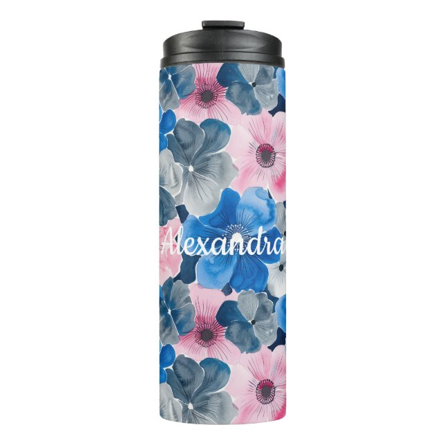 Chic Pink Blue Floral Thermosbecher (Vorderseite)