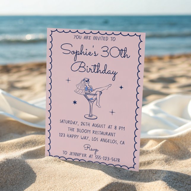 Chic Pink & Blue Martini-Glas 30. Geburtstag Einladung (Von Creator hochgeladen)