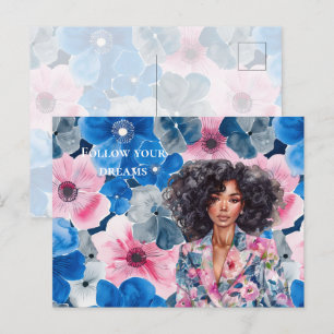 Chic Pink Blue Summer Floral Black Girl Postkarte