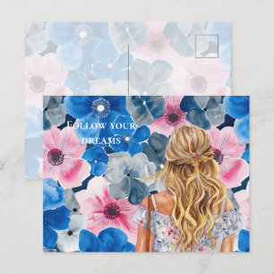 Chic Pink Blue Summer Floral Blond Mädchen Postkarte