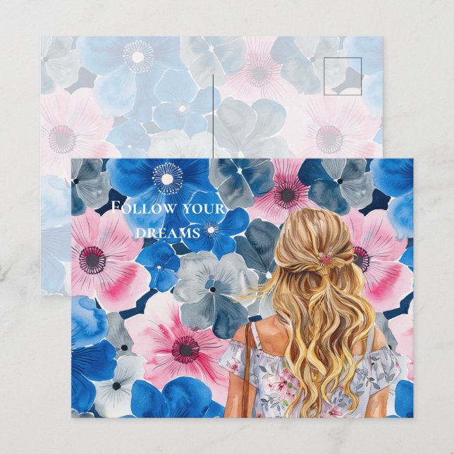 Chic Pink Blue Summer Floral Blond Mädchen Postkarte (Vorne/Hinten)