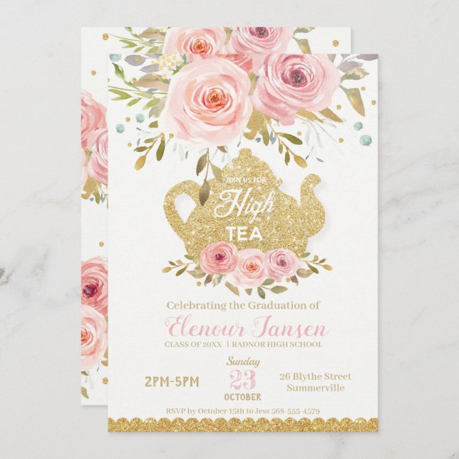 Chic Pink Blush Blues Hoch Tea Graduierungsparty Einladung (Vorne/Hinten)