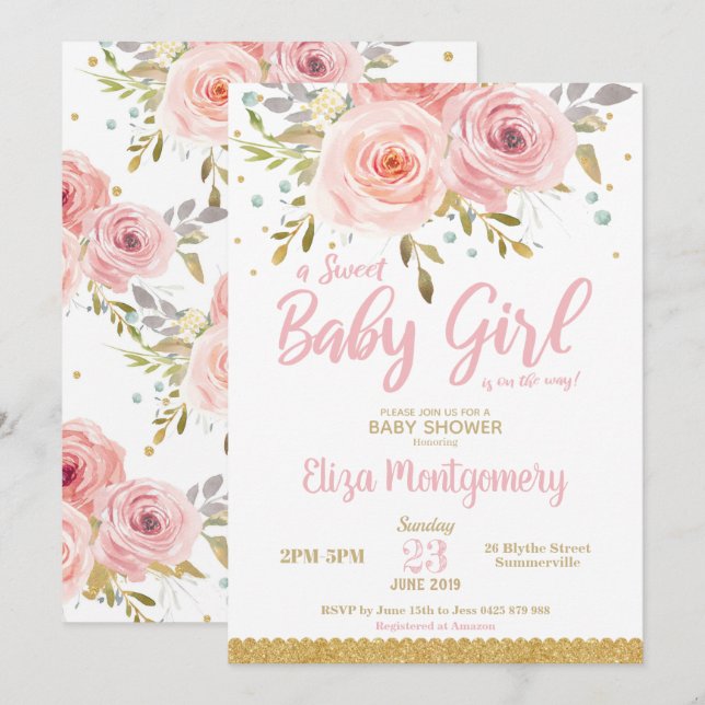 Chic Pink Blush Blues Sweet Baby Shower Girl Einladung (Vorne/Hinten)